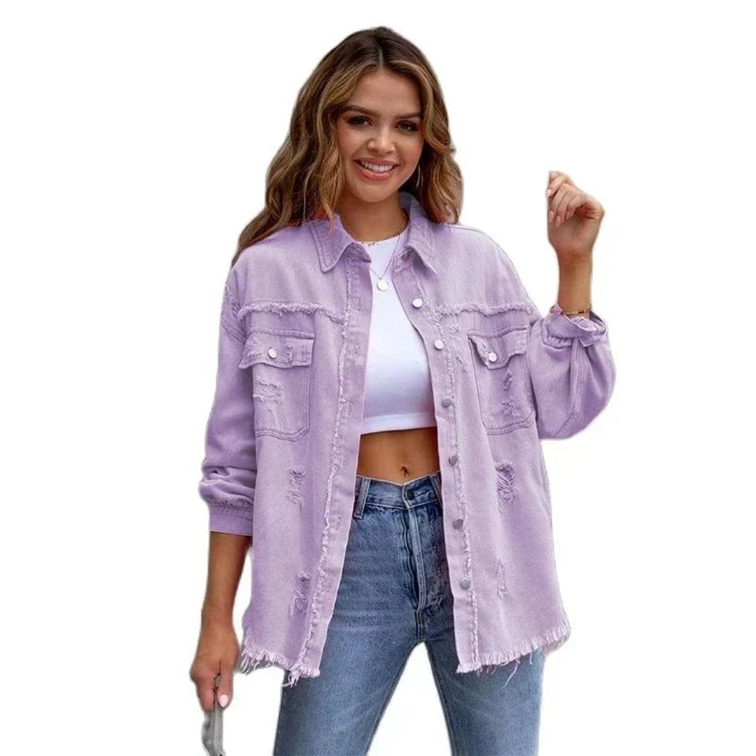 Women's Oversized Distressed Black Denim Jacket Frayed Hem