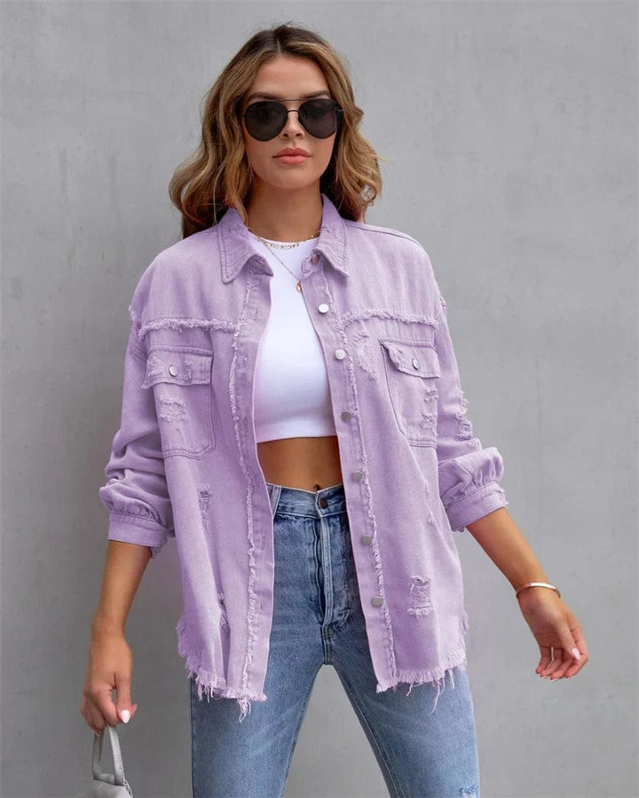 Women's Oversized Distressed Black Denim Jacket Frayed Hem
