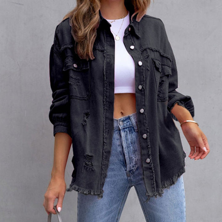 Women's Oversized Distressed Black Denim Jacket Raw-Hem Button-Up