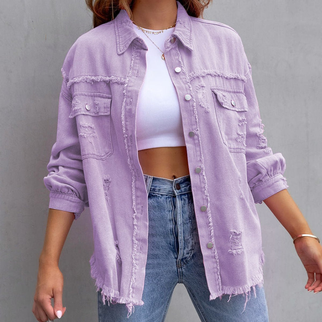 Women's Oversized Distressed Black Denim Jacket Raw-Hem Button-Up