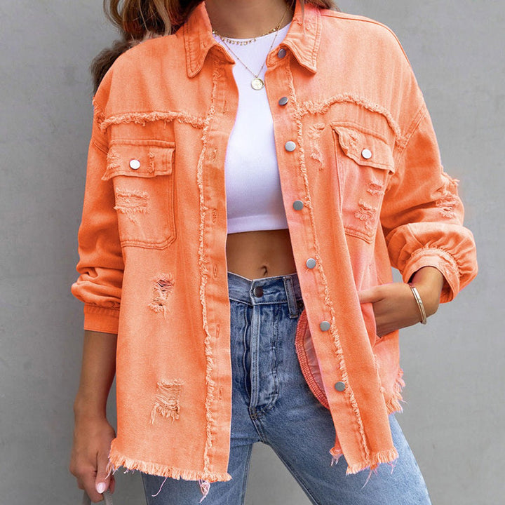 Women's Oversized Distressed Black Denim Jacket Raw-Hem Button-Up