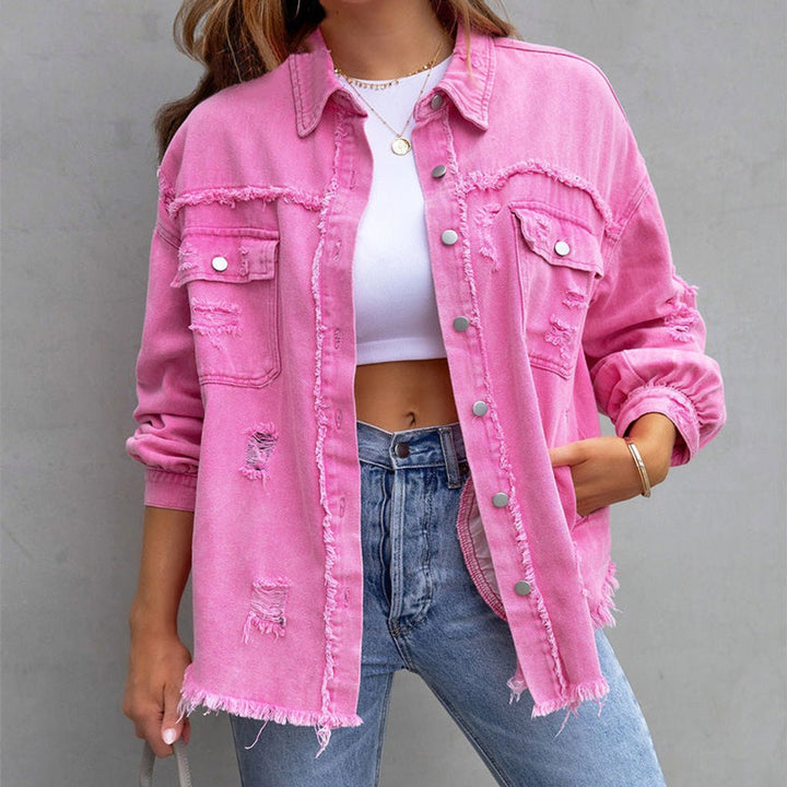 Women's Oversized Distressed Black Denim Jacket Raw-Hem Button-Up