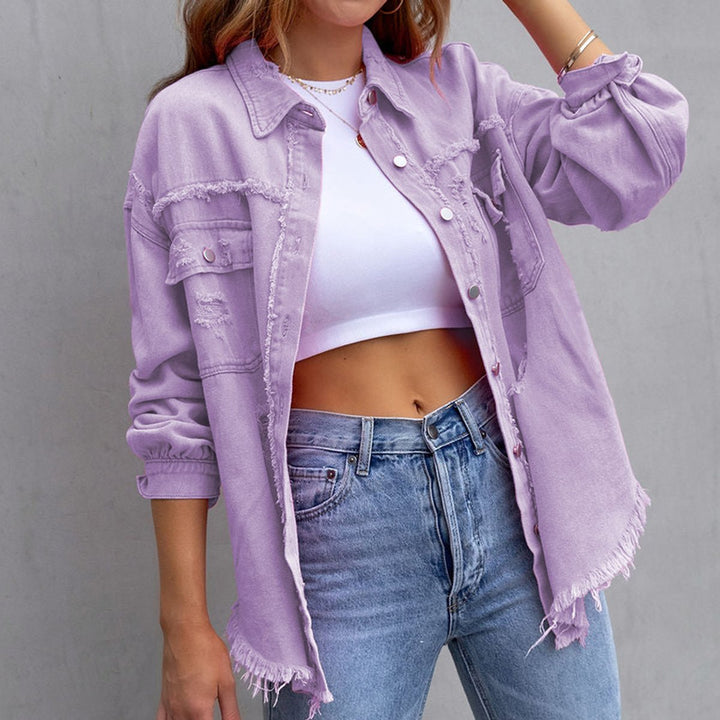 Women's Oversized Distressed Black Denim Jacket Raw-Hem Button-Up