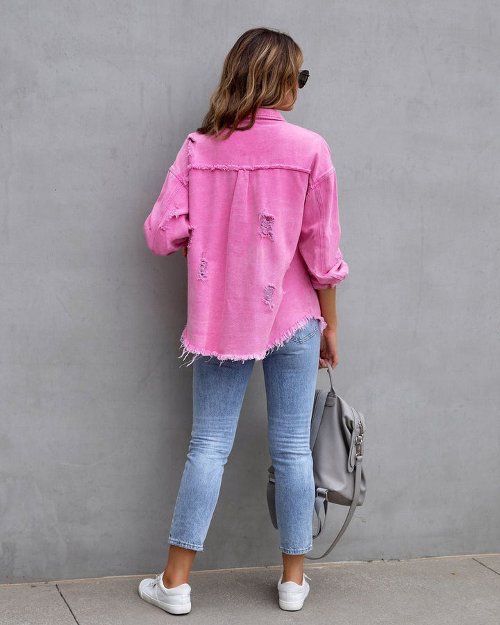 Women's Oversized Distressed Button-Up Denim Jacket Shacket