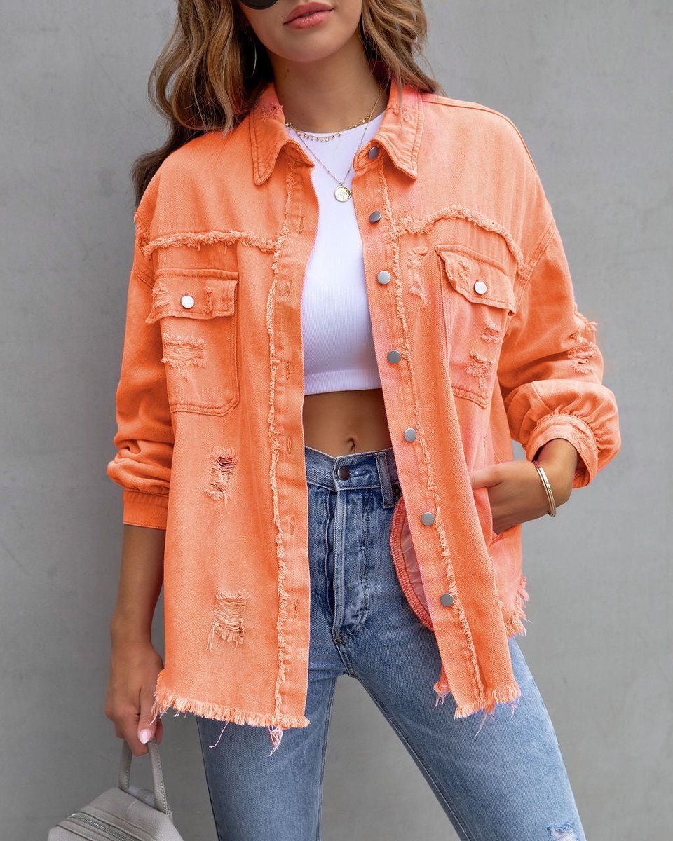Women's Oversized Distressed Button-Up Denim Jacket Shacket