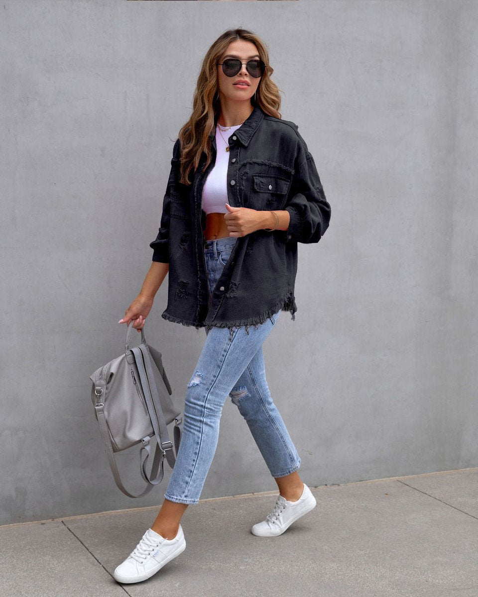 Women's Oversized Distressed Button-Up Denim Jacket Shacket