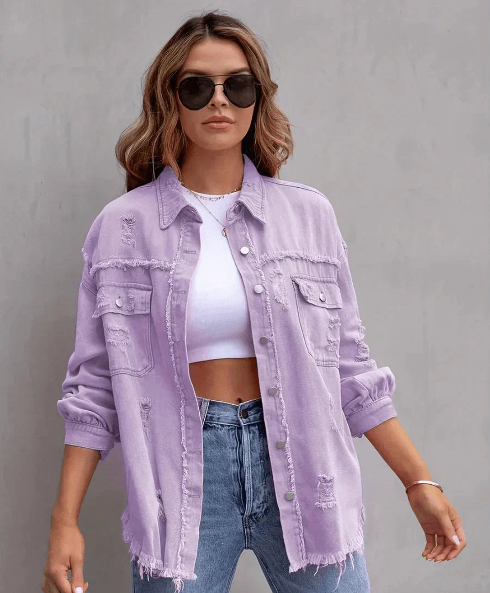 Women's Oversized Distressed Raw-Hem Denim Jacket