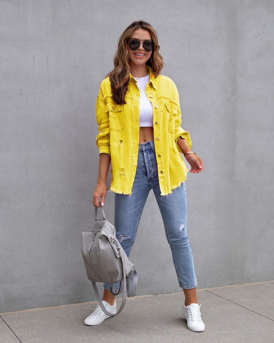 Women's Oversized Distressed Raw-Hem Denim Jacket