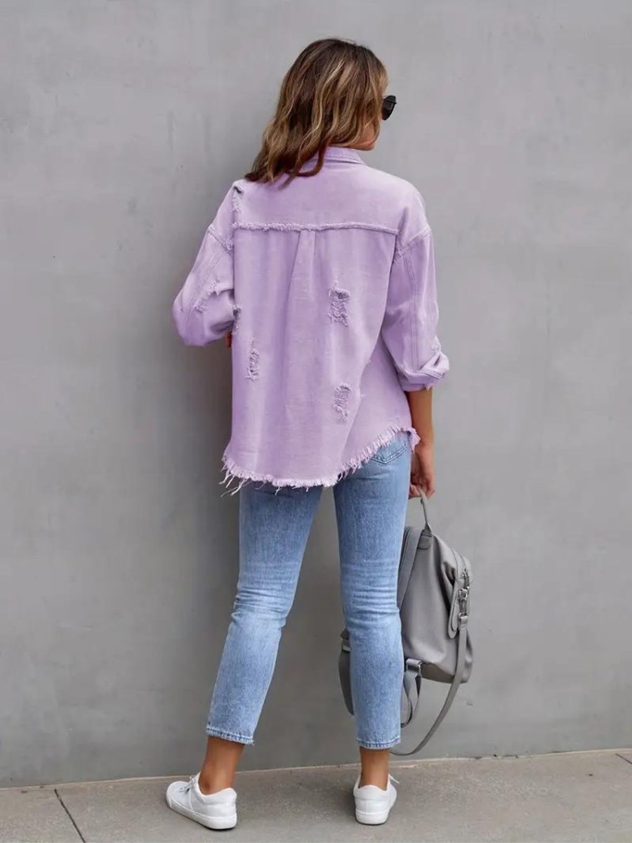 Women's Oversized Distressed Raw-Hem Denim Jacket