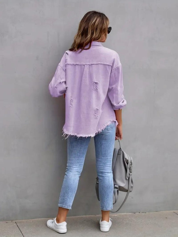 Women's Oversized Distressed Raw-Hem Denim Jacket