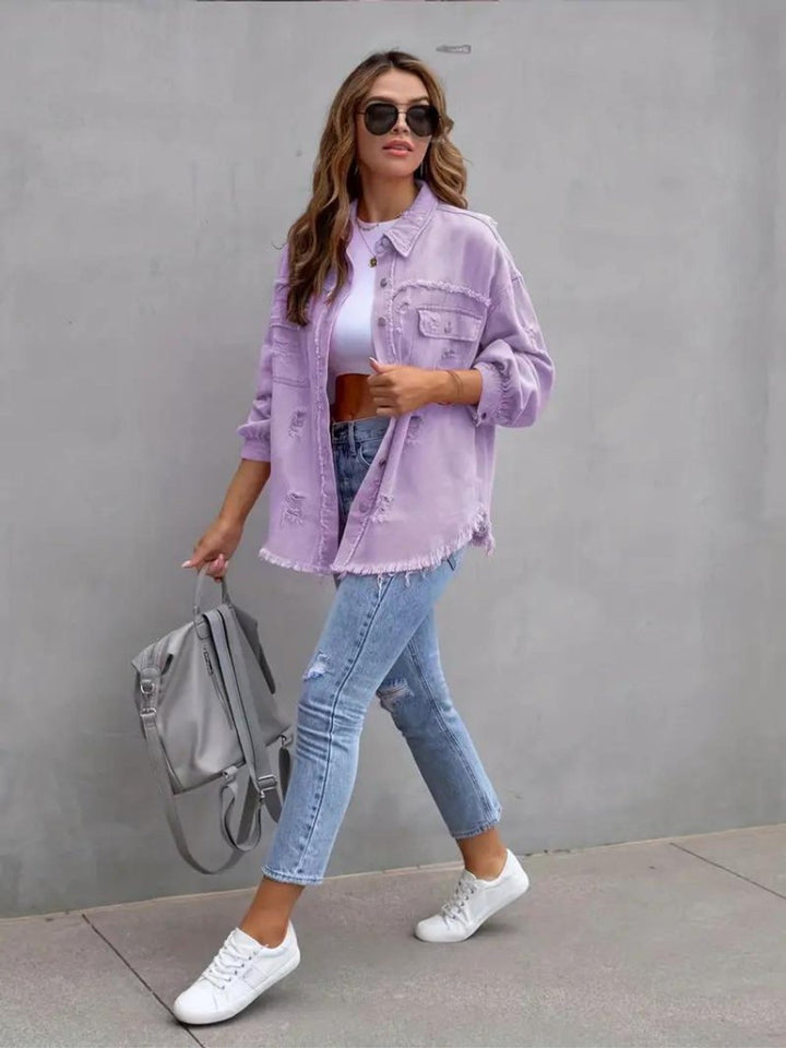 Women's Oversized Distressed Raw-Hem Denim Jacket