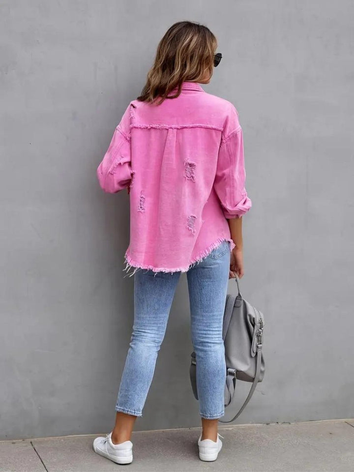 Women's Oversized Distressed Raw-Hem Denim Jacket