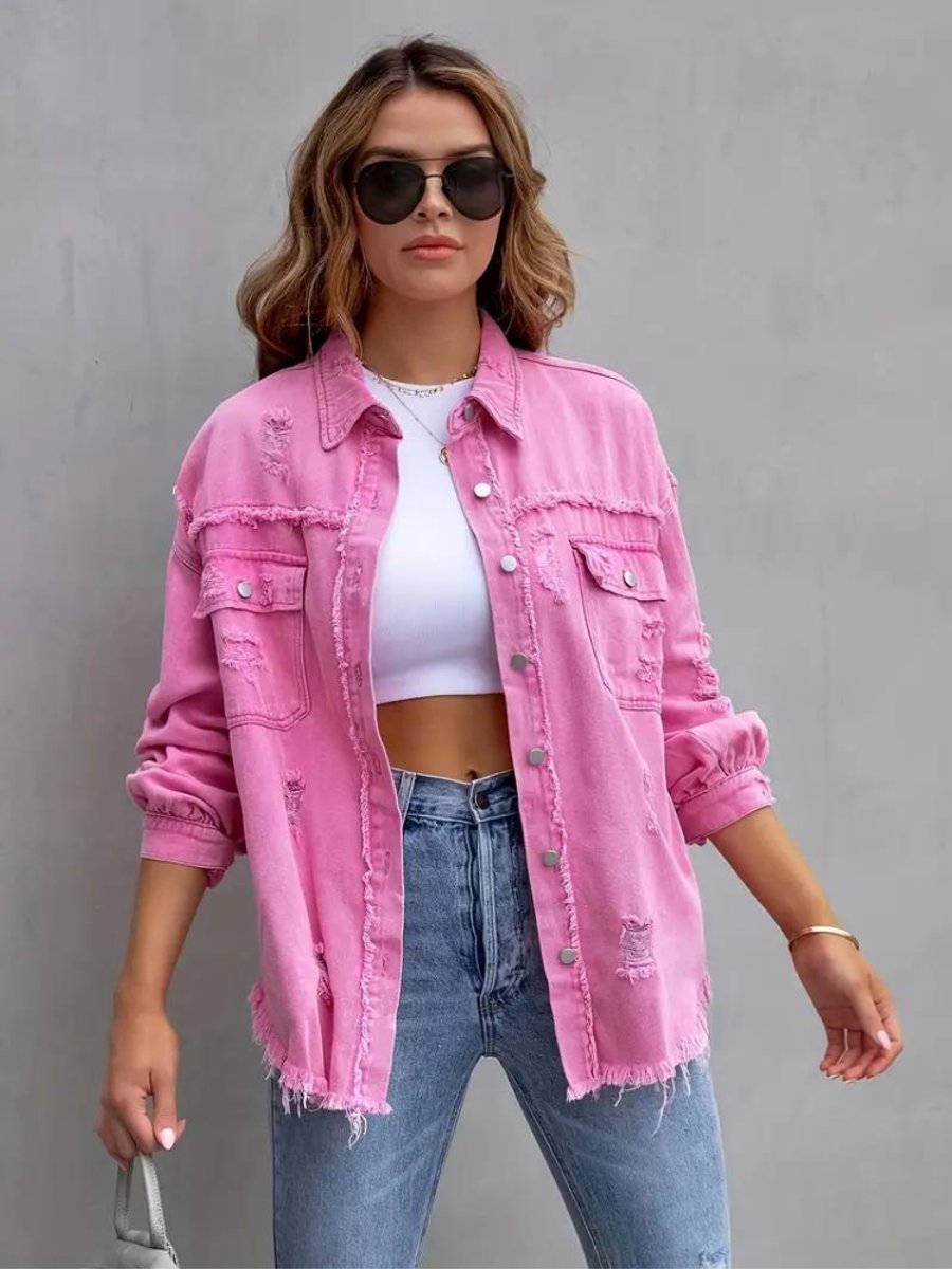 Women's Oversized Distressed Raw-Hem Denim Jacket