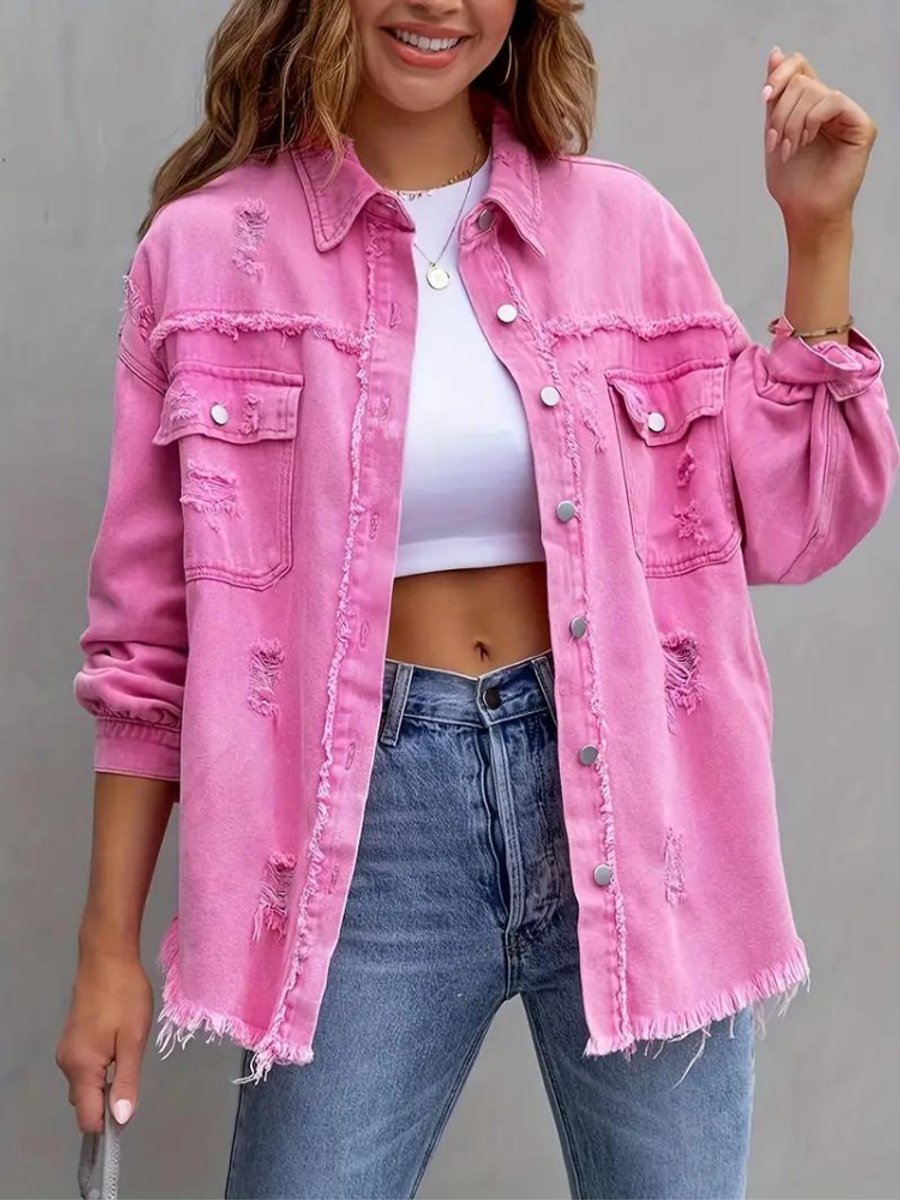 Women's Oversized Distressed Raw-Hem Denim Jacket