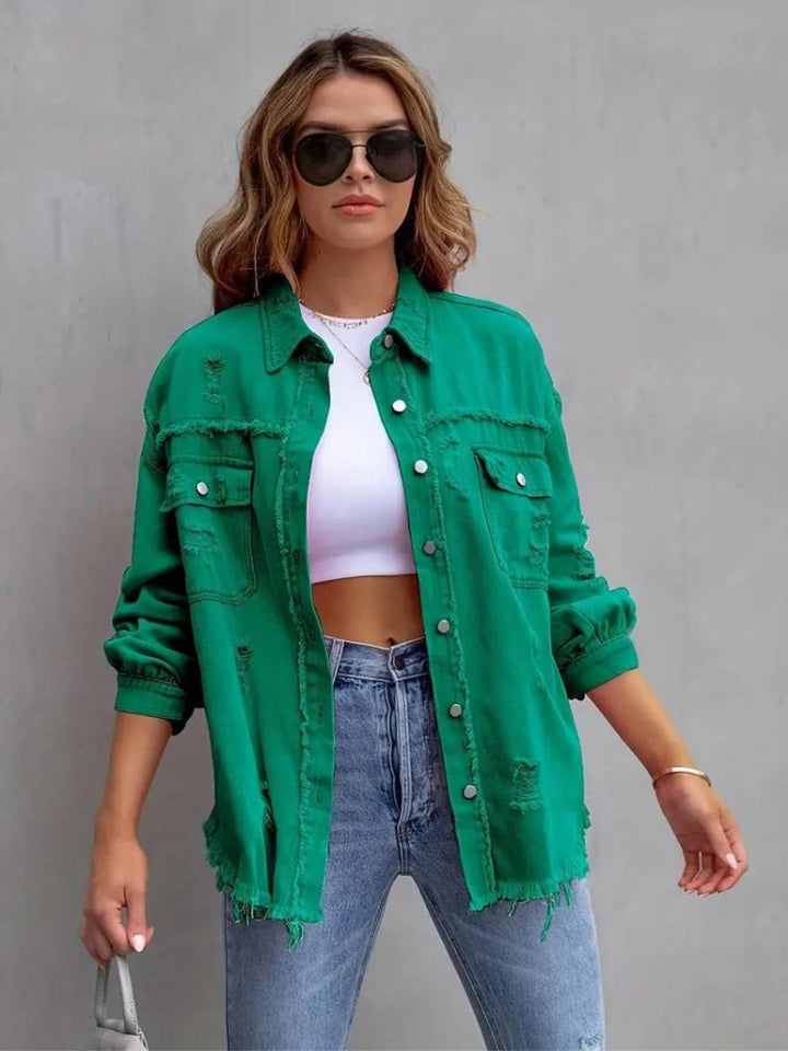 Women's Oversized Distressed Raw-Hem Denim Jacket