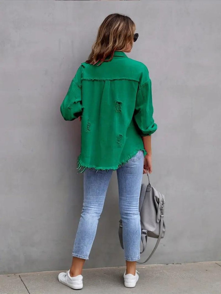 Women's Oversized Distressed Raw-Hem Denim Jacket