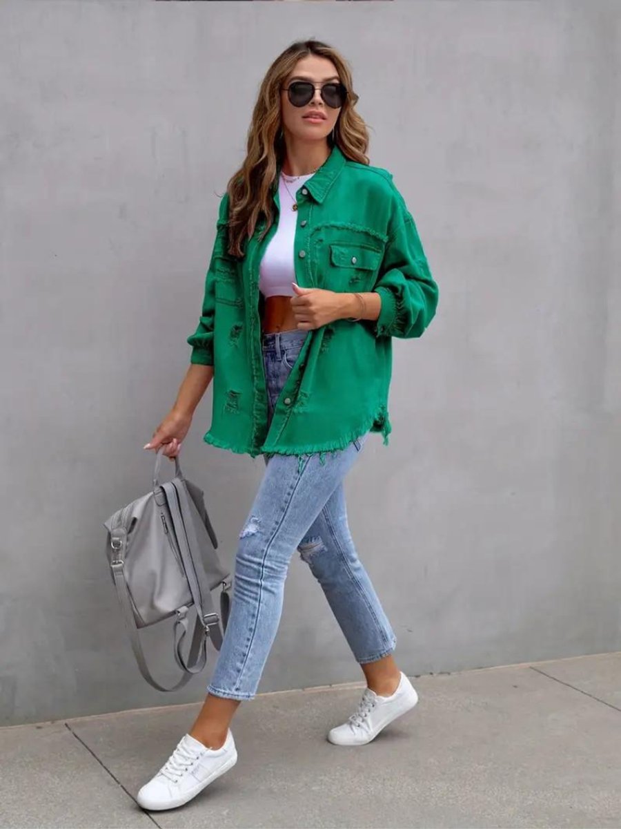 Women's Oversized Distressed Raw-Hem Denim Jacket