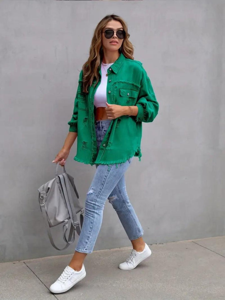 Women's Oversized Distressed Raw-Hem Denim Jacket