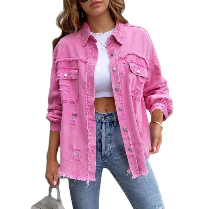 Women's Oversized Distressed Raw-Hem Denim Jacket