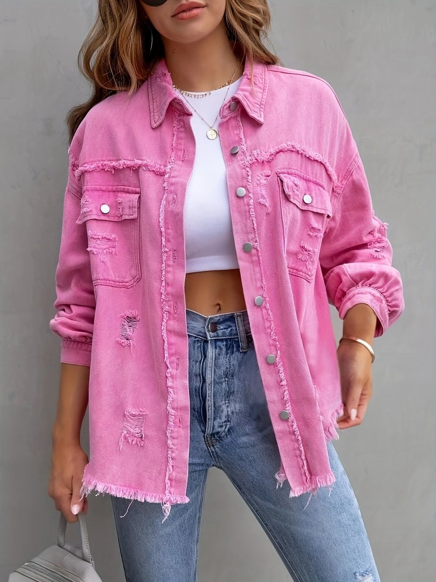 Women's Oversized Distressed Raw-Hem Denim Jacket