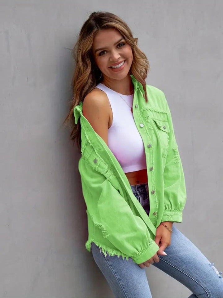 Women's Oversized Distressed Raw-Hem Denim Jacket