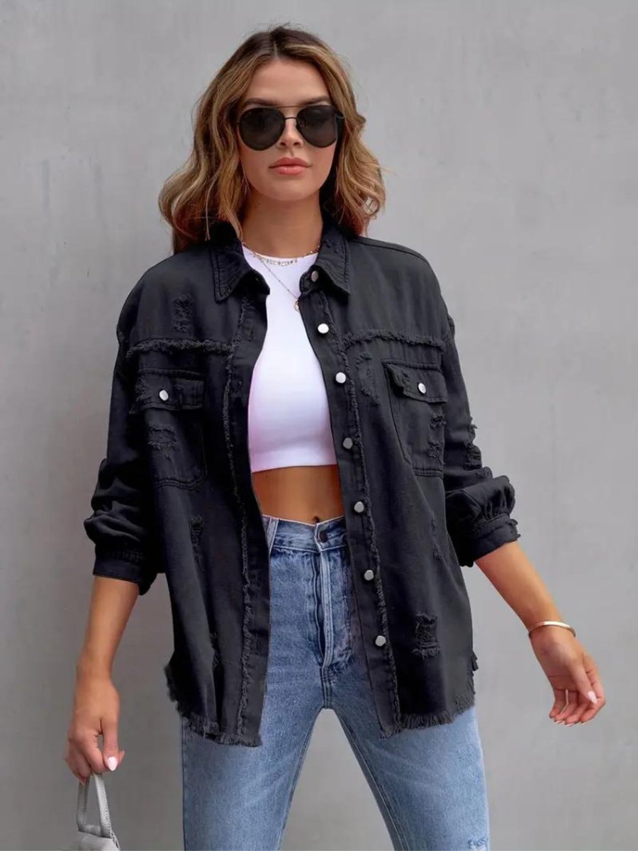 Women's Oversized Distressed Raw-Hem Denim Jacket
