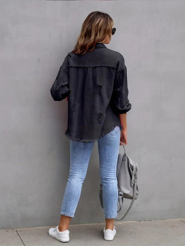 Women's Oversized Distressed Raw-Hem Denim Jacket