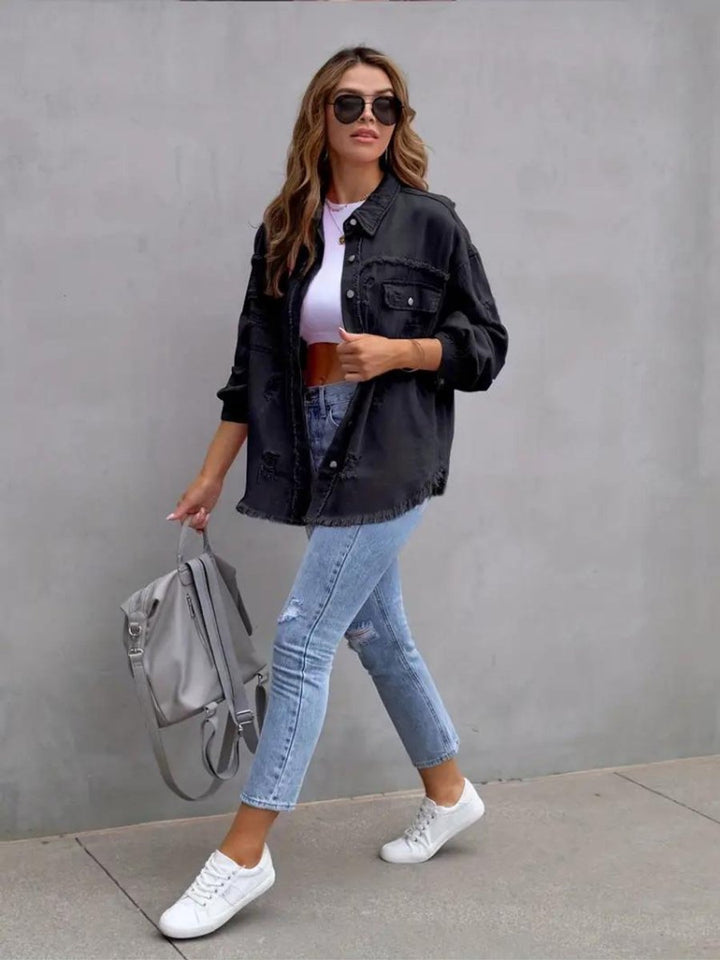 Women's Oversized Distressed Raw-Hem Denim Jacket
