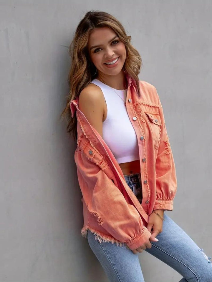 Women's Oversized Distressed Raw-Hem Denim Jacket