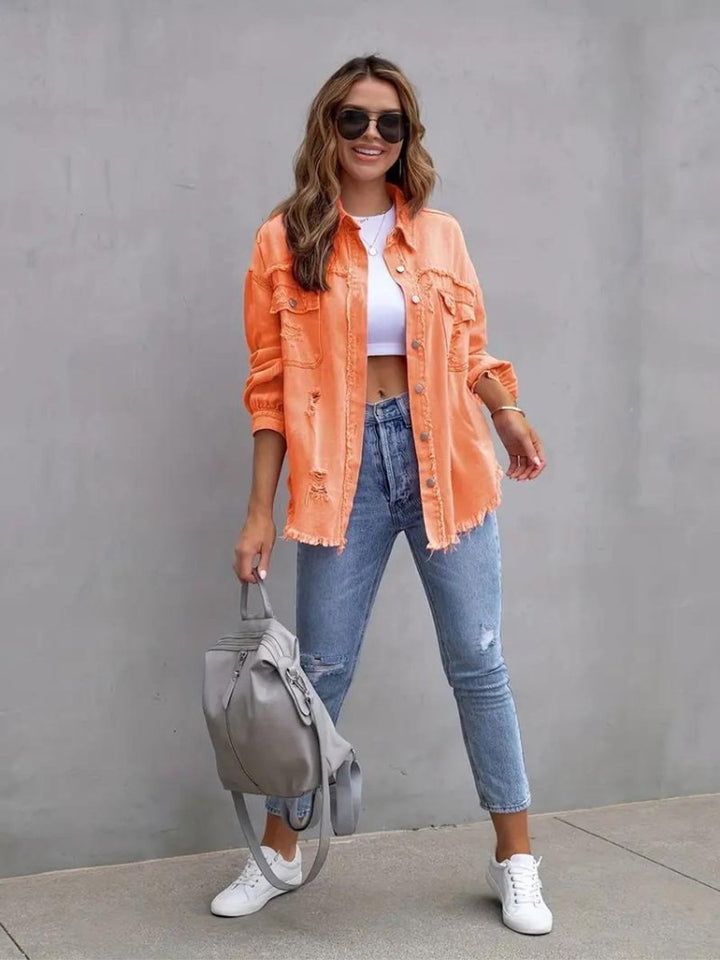 Women's Oversized Distressed Raw-Hem Denim Jacket