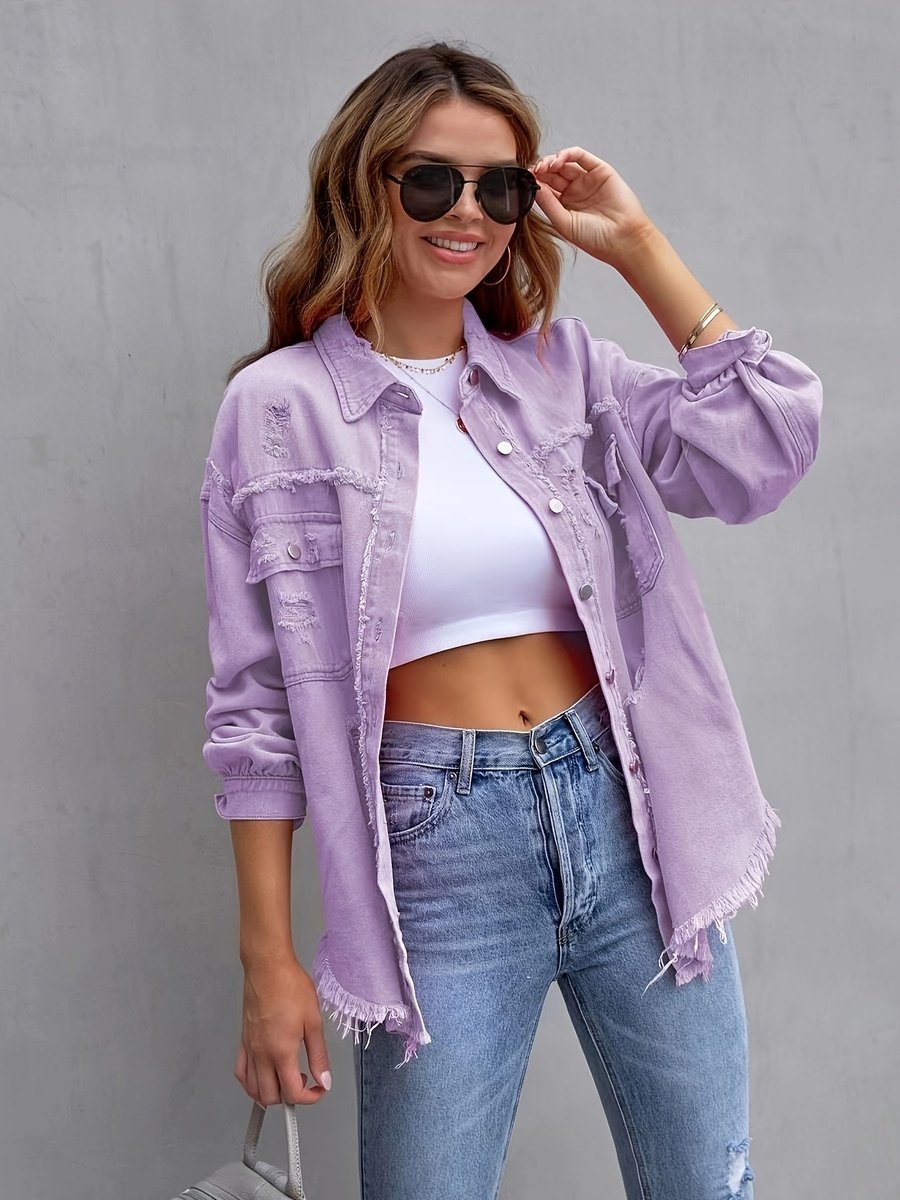 Women's Oversized Distressed Raw-Hem Denim Jacket