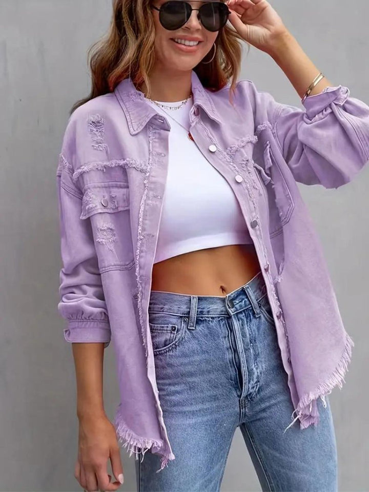 Women's Oversized Distressed Raw-Hem Denim Jacket