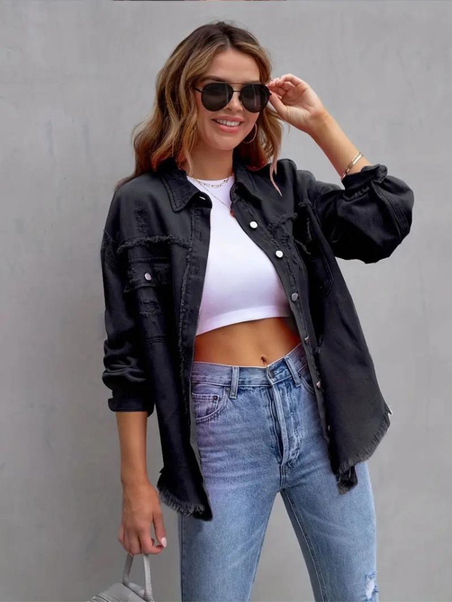Women's Oversized Distressed Raw-Hem Denim Jacket