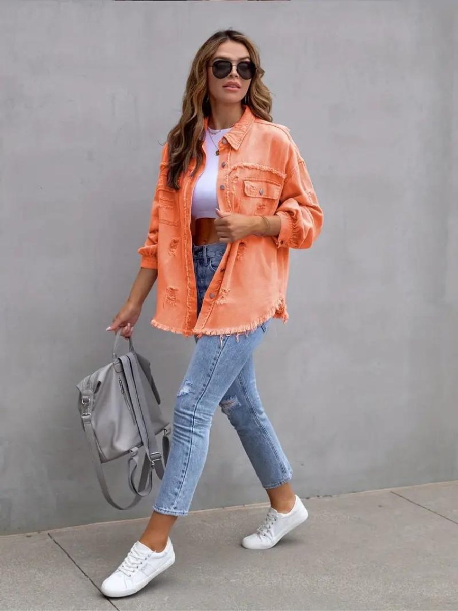 Women's Oversized Distressed Raw-Hem Denim Jacket