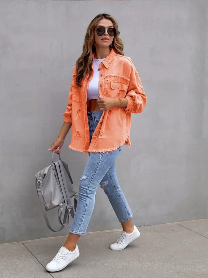 Women's Oversized Distressed Raw-Hem Denim Jacket