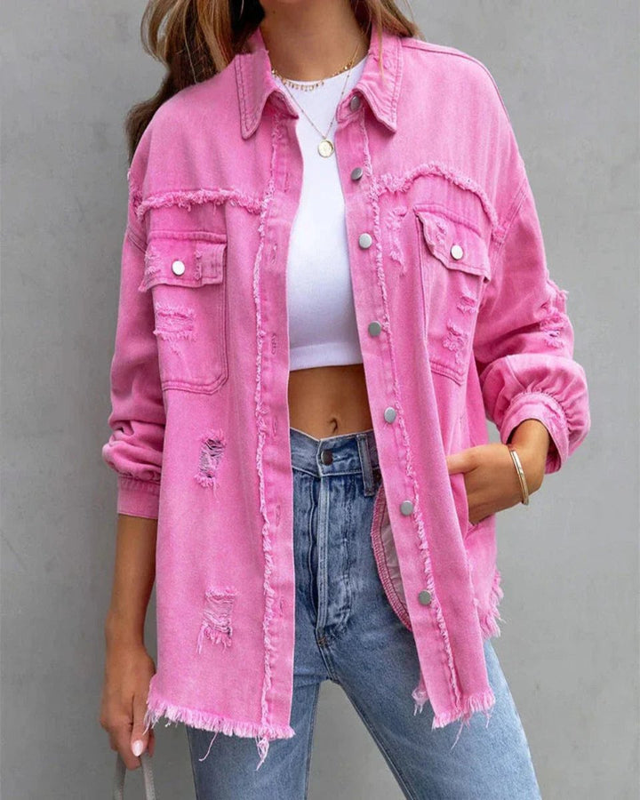 Women's Oversized Distressed Raw-Hem Denim Jacket