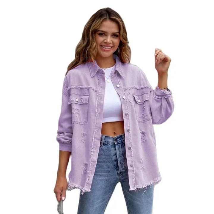 Women's Oversized Distressed Raw-Hem Denim Jacket