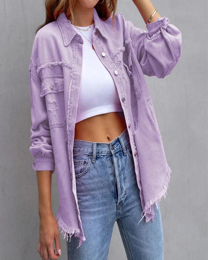 Women's Oversized Distressed Raw-Hem Denim Jacket