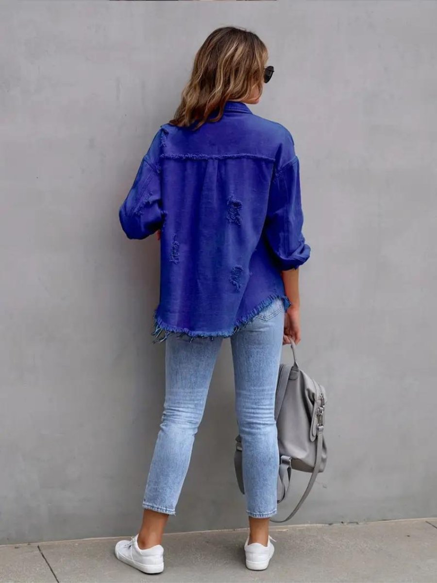 Women's Oversized Distressed Raw-Hem Denim Jacket