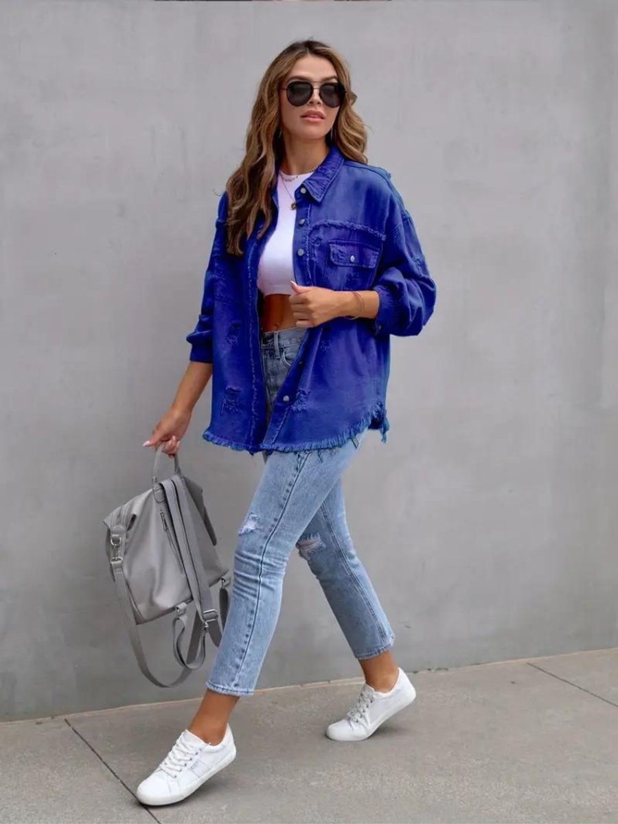 Women's Oversized Distressed Raw-Hem Denim Jacket