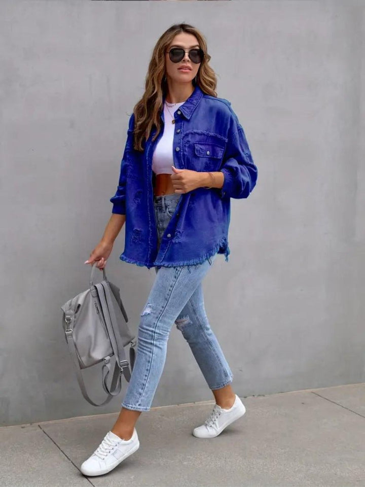 Women's Oversized Distressed Raw-Hem Denim Jacket