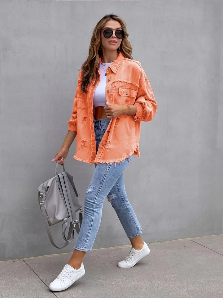 Women's Oversized Distressed Raw-Hem Denim Jacket