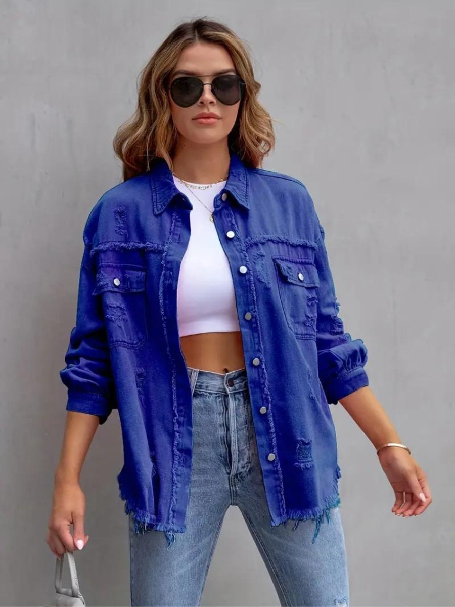 Women's Oversized Distressed Raw-Hem Denim Jacket