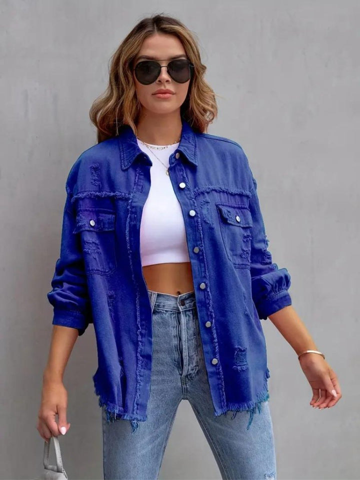 Women's Oversized Distressed Raw-Hem Denim Jacket
