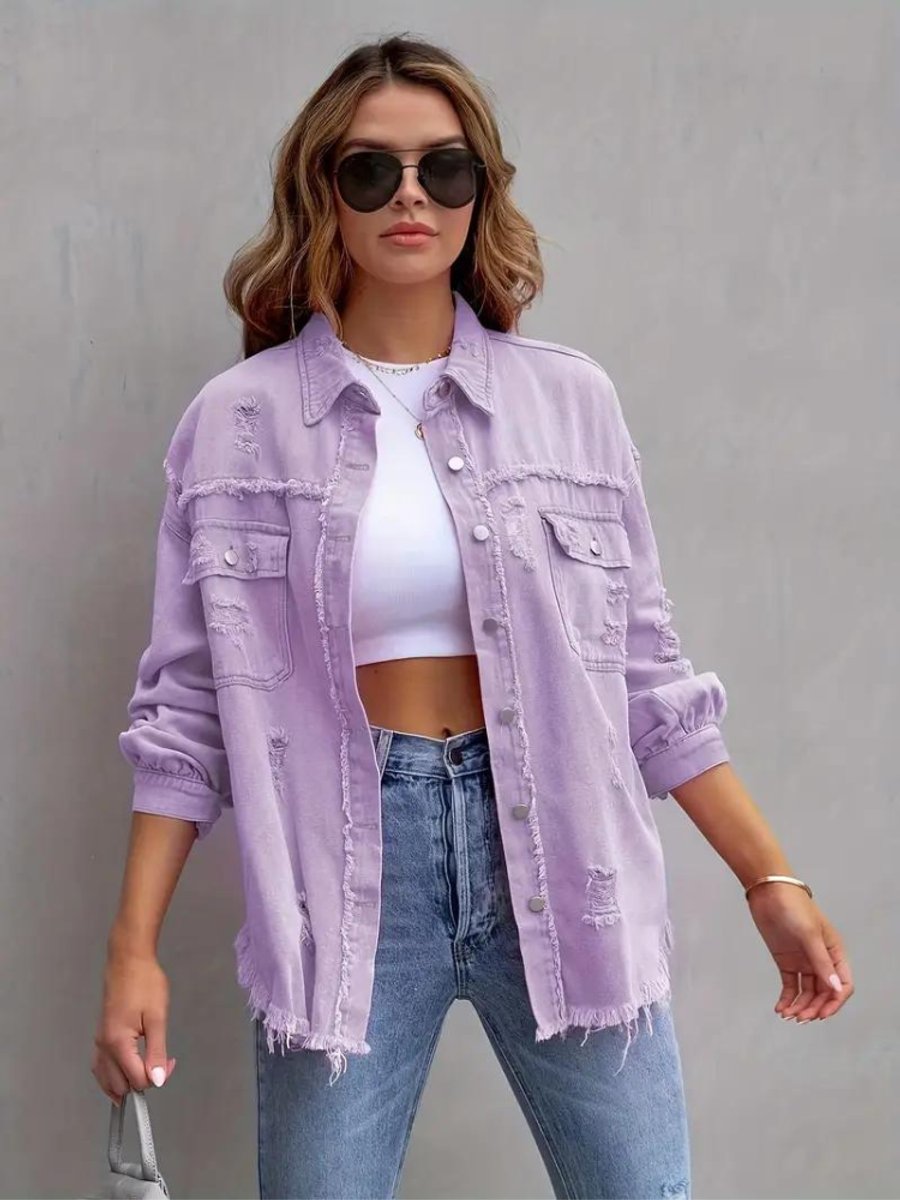 Women's Oversized Distressed Raw-Hem Denim Jacket