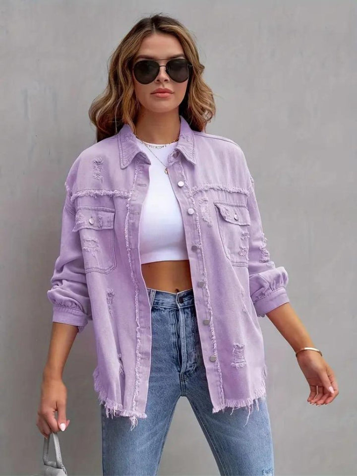Women's Oversized Distressed Raw-Hem Denim Jacket