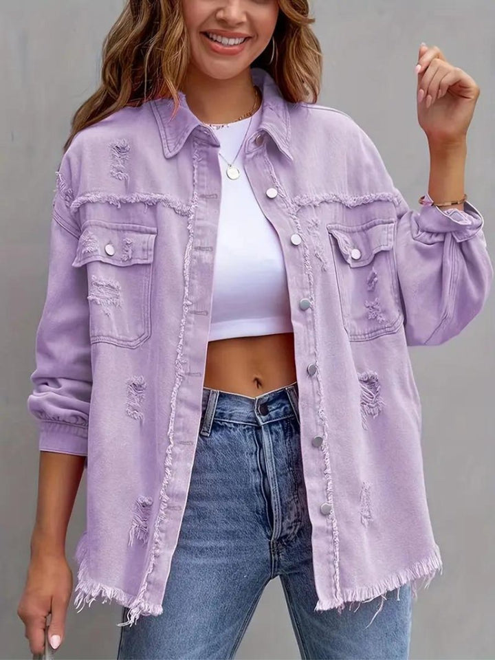 Women's Oversized Distressed Raw-Hem Denim Jacket