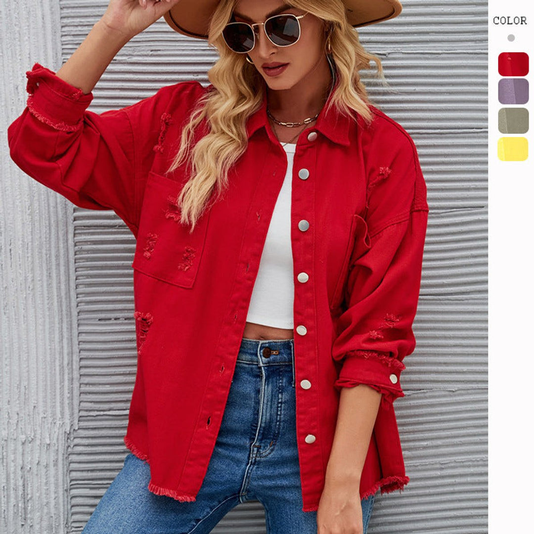 Women's Oversized Distressed Raw-Hem Denim Jacket Shacket