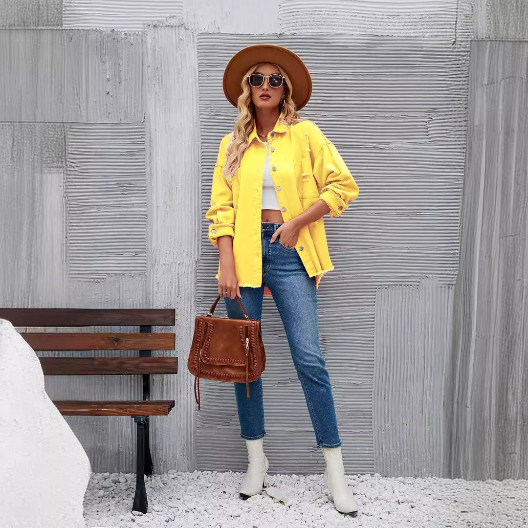 Women's Oversized Distressed Raw-Hem Denim Jacket Shacket