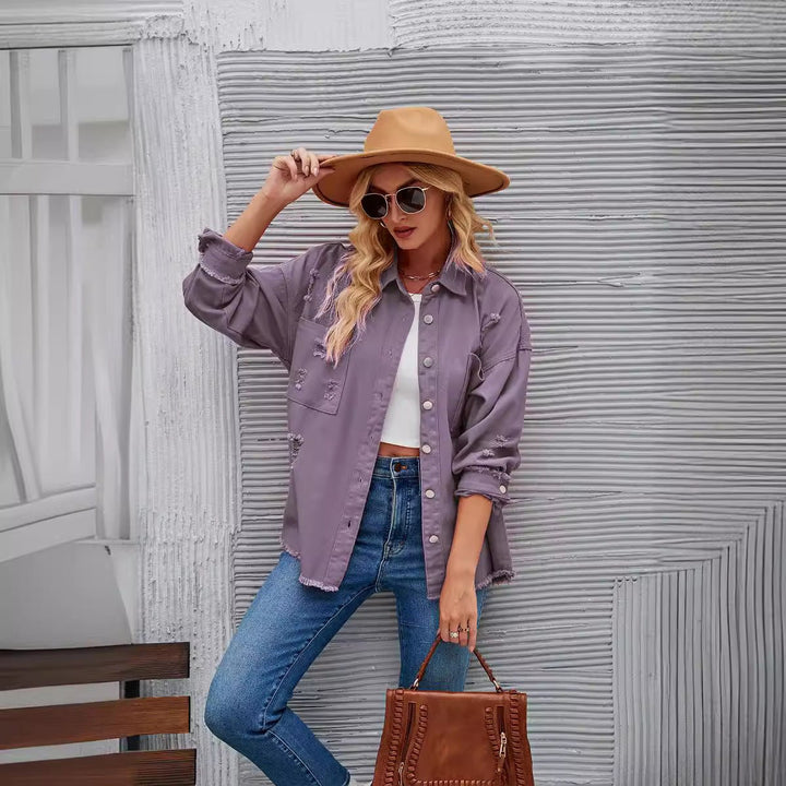 Women's Oversized Distressed Raw-Hem Denim Jacket Shacket